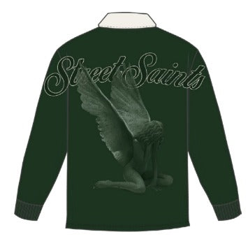 Roku Studio Saints Long Sleeve Polo in Forest Green, back view
