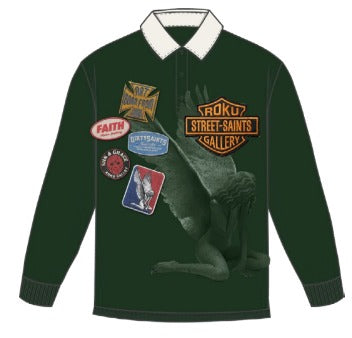 Roku Studio Saints Long Sleeve Polo in Forest Green, front view