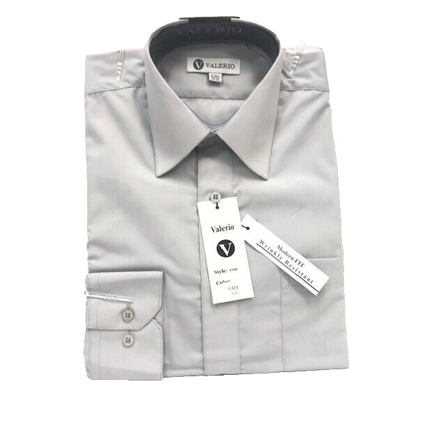 Folded light gray dress shirt with a point collar, button cuff and hanging tags.