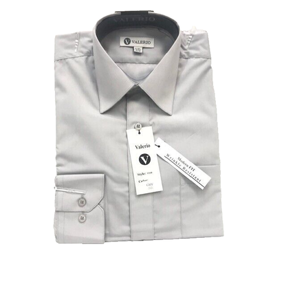 Folded light gray dress shirt with a point collar, button cuff and hanging tags.