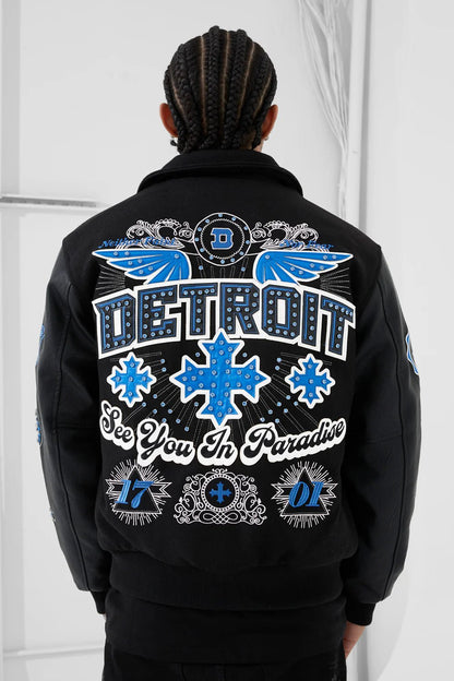 See You in Paradise Motor City Varsity Jacket from On Time Fashions – Varsity Jacket by Jordan Craig, Birmingham AL’s 1 fashion store and premier destination for streetwear, suits, kids fashion, and big & tall