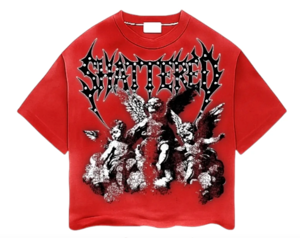 Shattered Hearts Fallen Angels Tee - Red, front catalog view