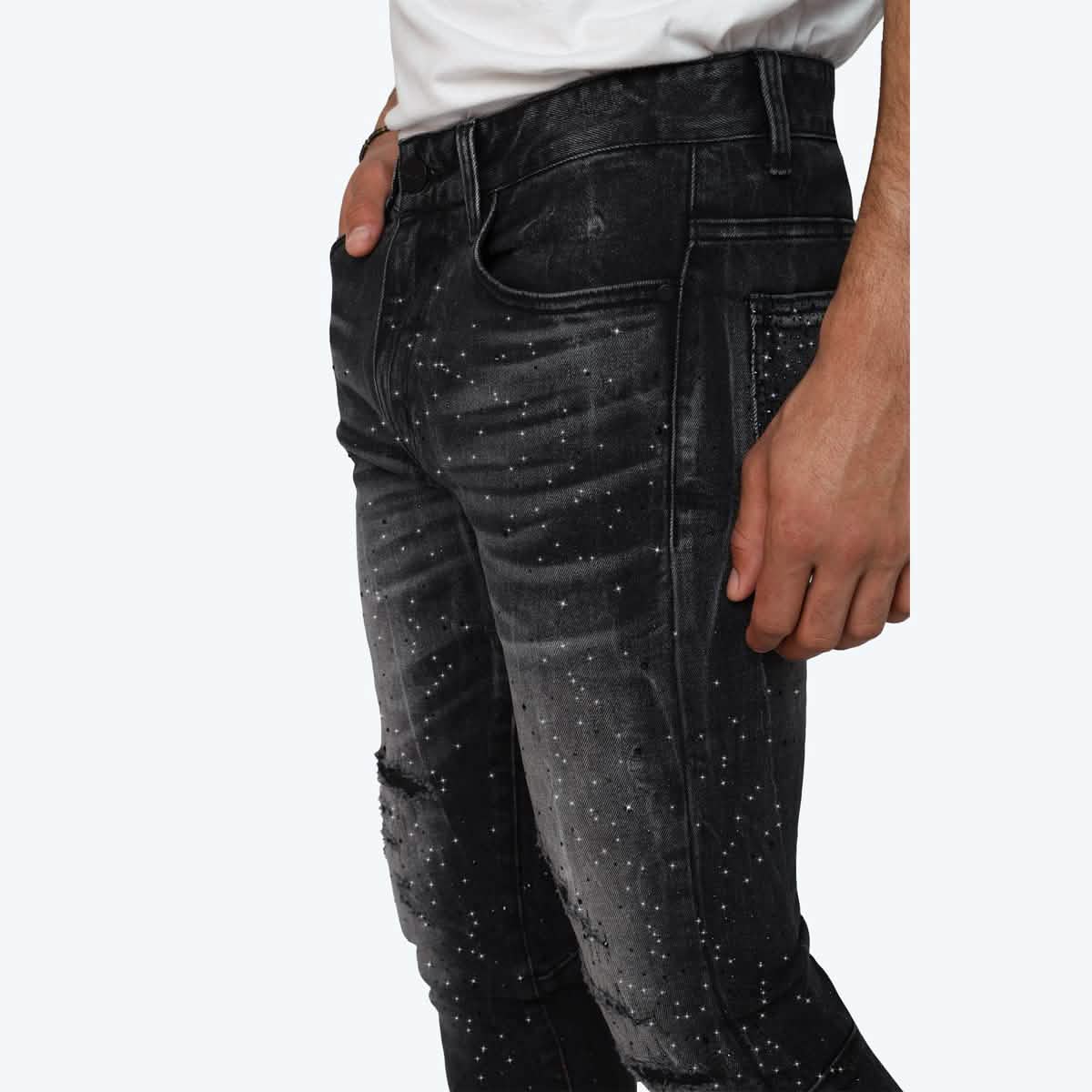 Smoke Rise All Rhinestone Jean showcasing trendy streetwear in Birmingham, Alabama. Shop online or pick up in-store!