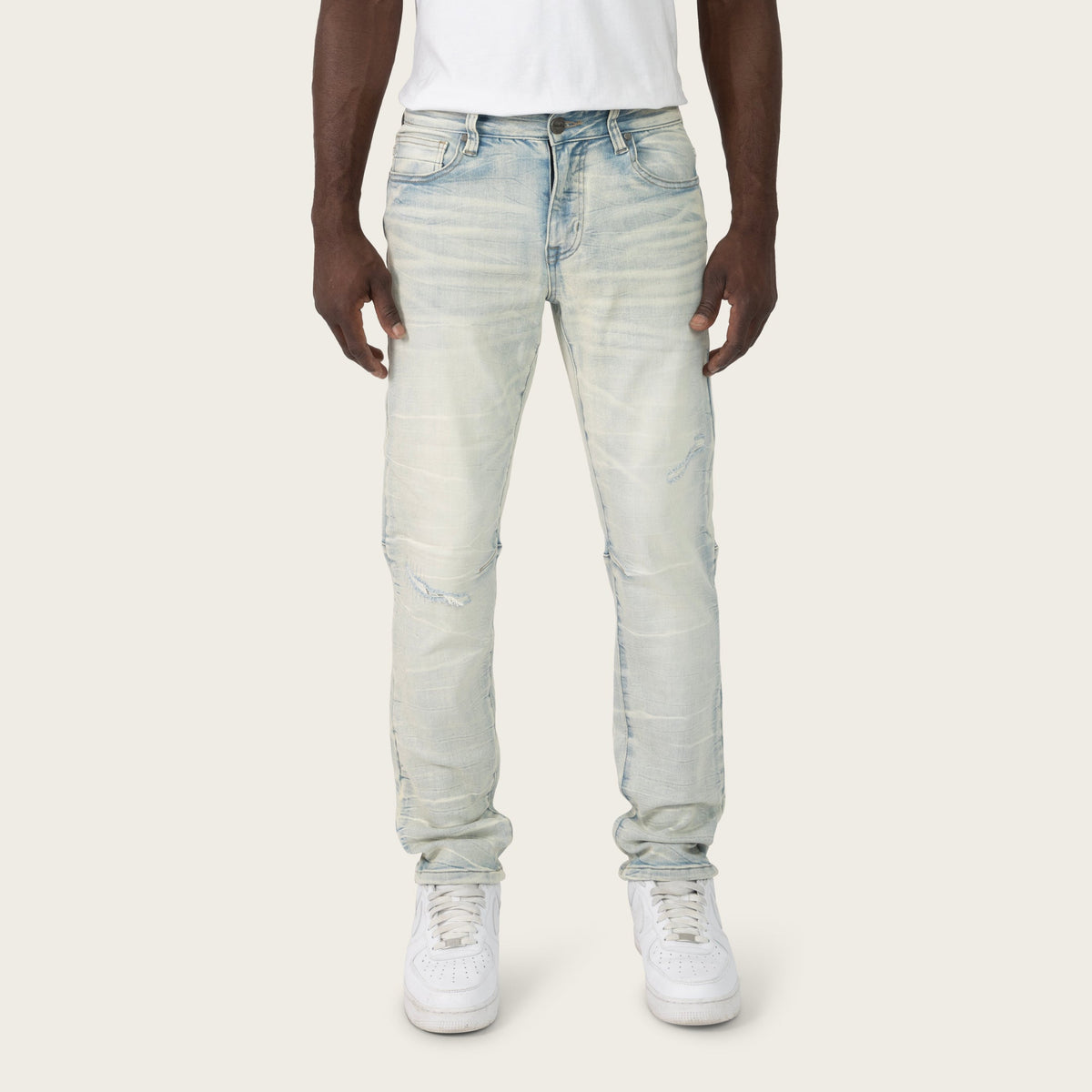 Smoke Rise JP25615 Crystal Effect slim-fit jeans in Hatherly Blue, front view on model