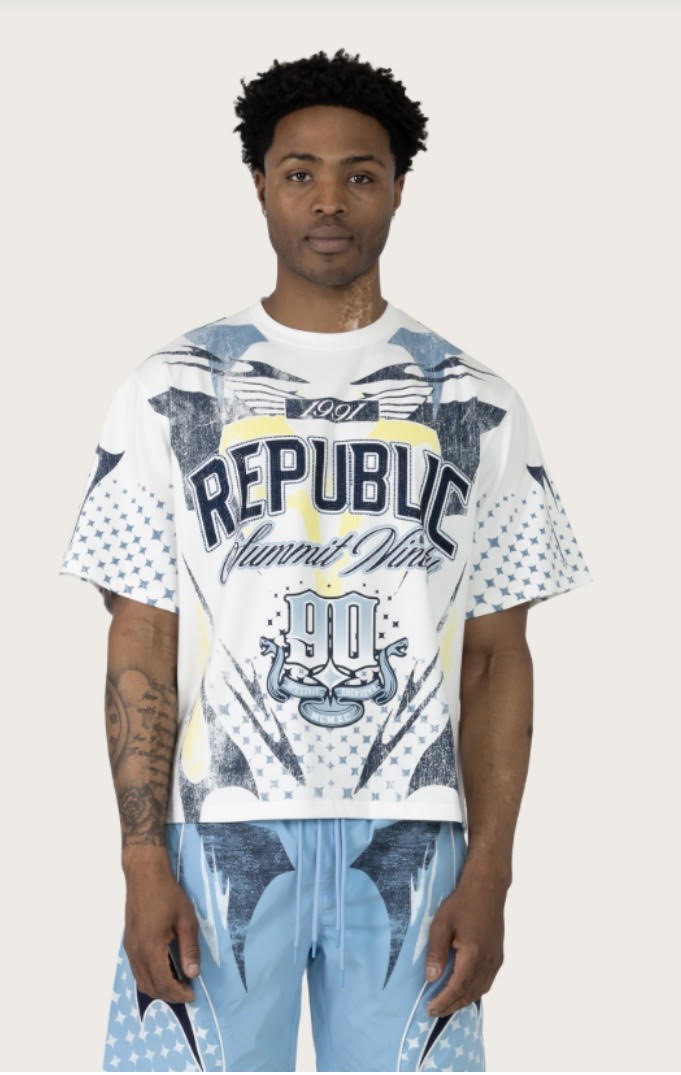 Smoke Rise Republic short set in Boy Blue, with Republic graphic tee and matching shorts