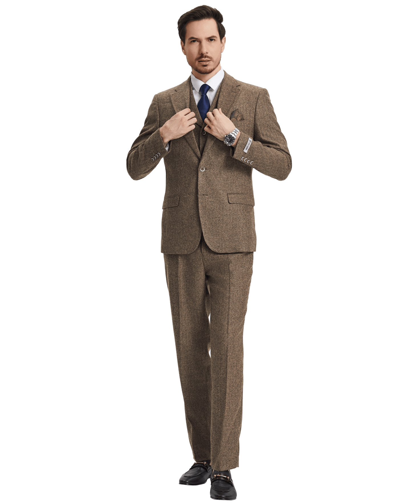 Stacy Adams Hybrid-Fit Vested Suit, Brown Tweed from On Time Fashions – Mens Suits by Stacy Adams, Birmingham AL’s 1 fashion store and premier destination for streetwear, suits, kids fashion, and big & tall