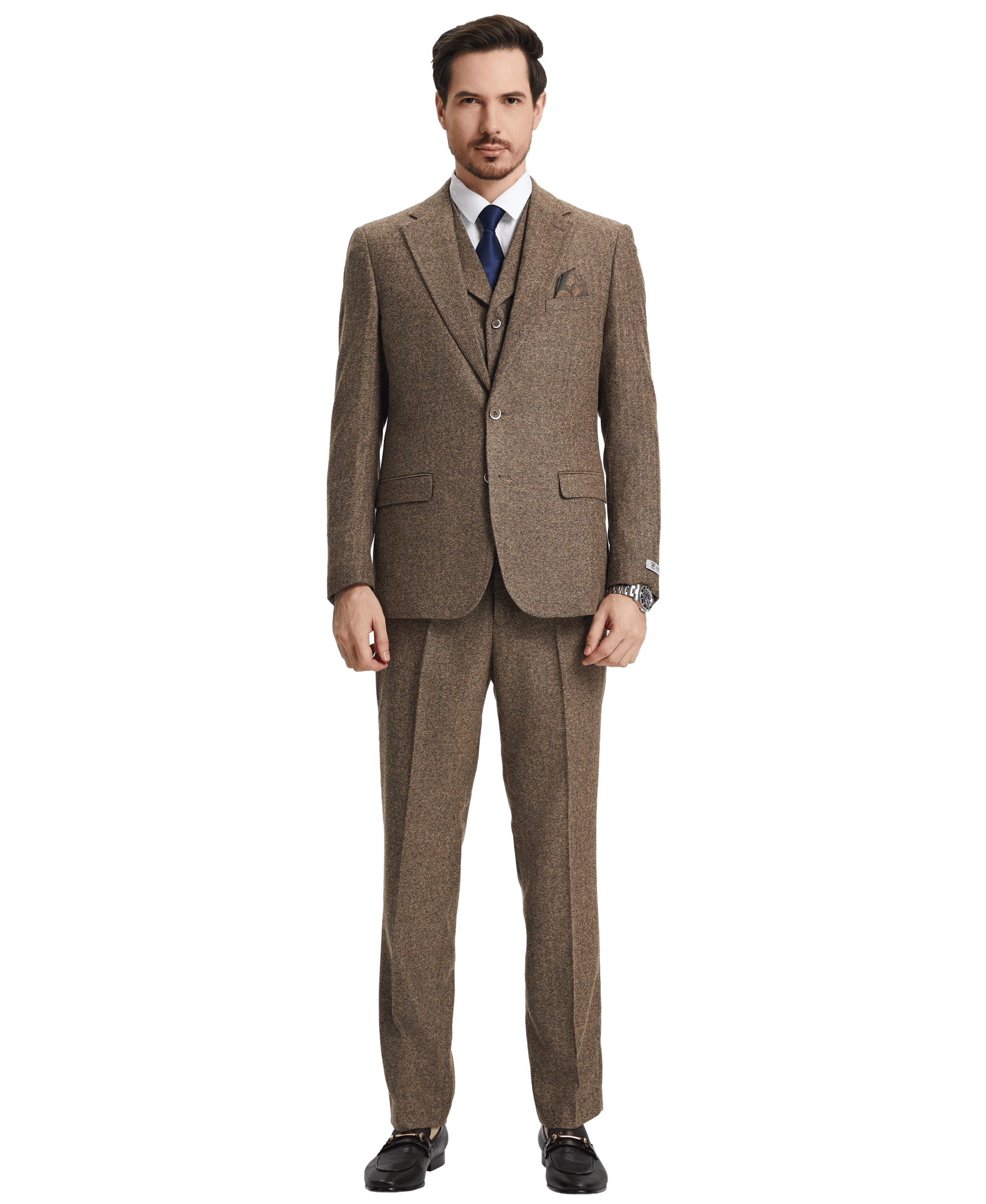 Stacy Adams Hybrid-Fit Vested Suit, Brown Tweed from On Time Fashions – Mens Suits by Stacy Adams, Birmingham AL’s 1 fashion store and premier destination for streetwear, suits, kids fashion, and big & tall