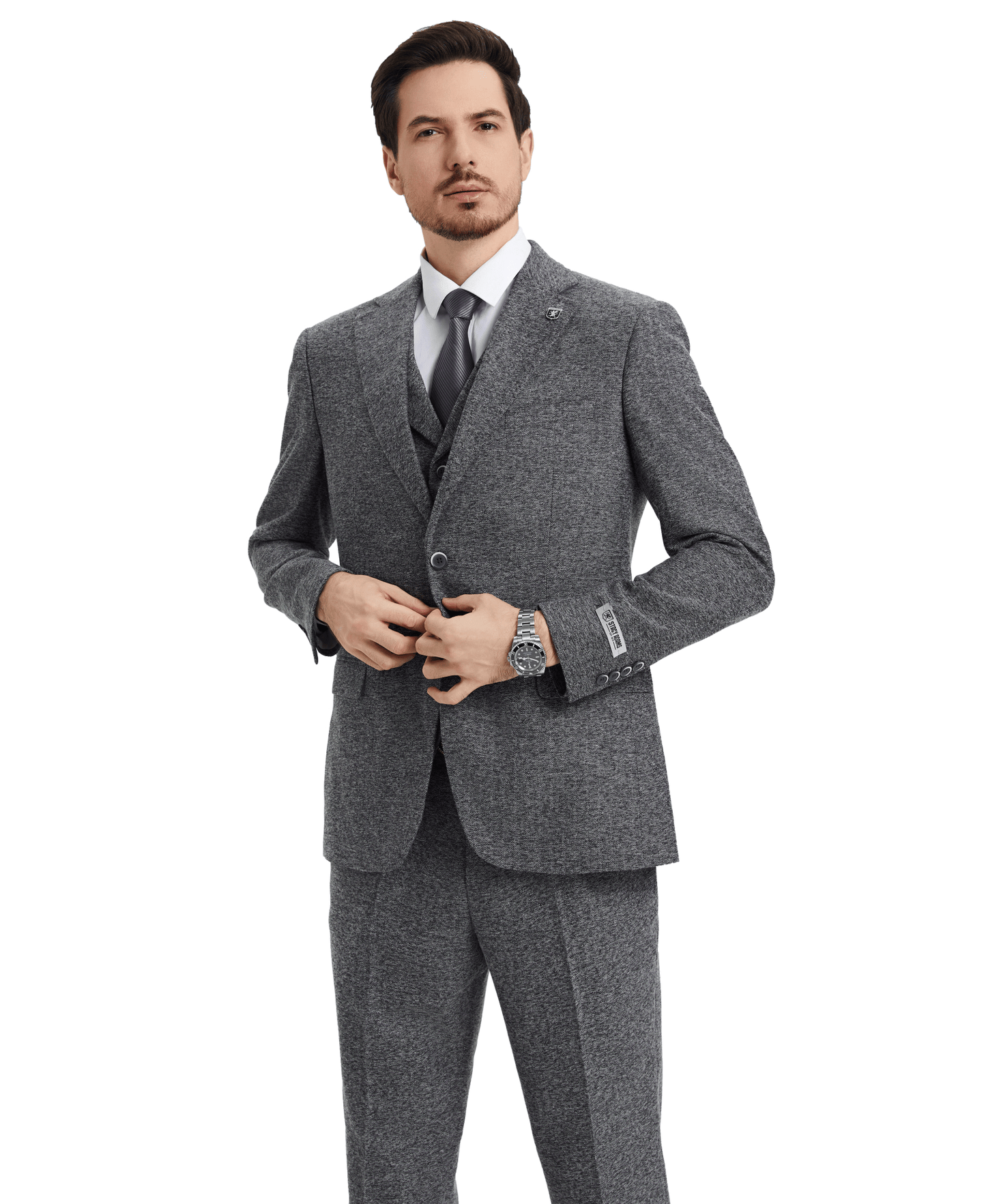 Stacy Adams Hybrid-Fit Vested Suit, Grey Tweed from On Time Fashions – Mens Suits by Stacy Adams, Birmingham AL’s 1 fashion store and premier destination for streetwear, suits, kids fashion, and big & tall