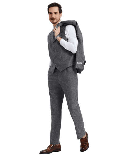Stacy Adams Hybrid-Fit Vested Suit, Grey Tweed from On Time Fashions – Mens Suits by Stacy Adams, Birmingham AL’s 1 fashion store and premier destination for streetwear, suits, kids fashion, and big & tall