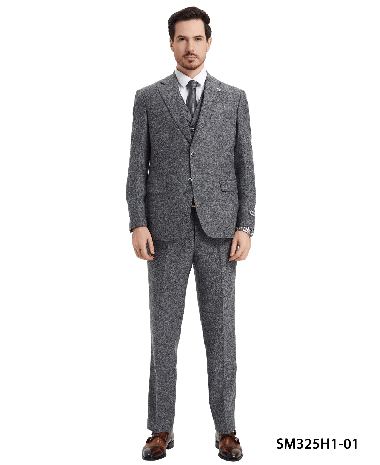 Stacy Adams Hybrid-Fit Vested Suit, Grey Tweed from On Time Fashions – Mens Suits by Stacy Adams, Birmingham AL’s 1 fashion store and premier destination for streetwear, suits, kids fashion, and big & tall