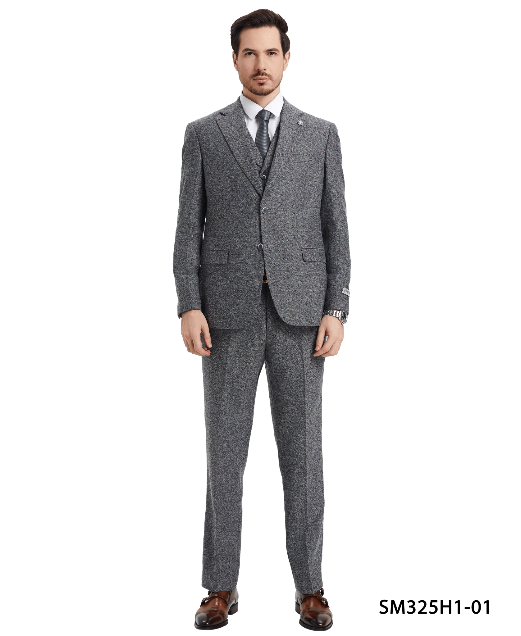 Stacy Adams Hybrid-Fit Vested Suit, Grey Tweed from On Time Fashions – Mens Suits by Stacy Adams, Birmingham AL’s 1 fashion store and premier destination for streetwear, suits, kids fashion, and big & tall