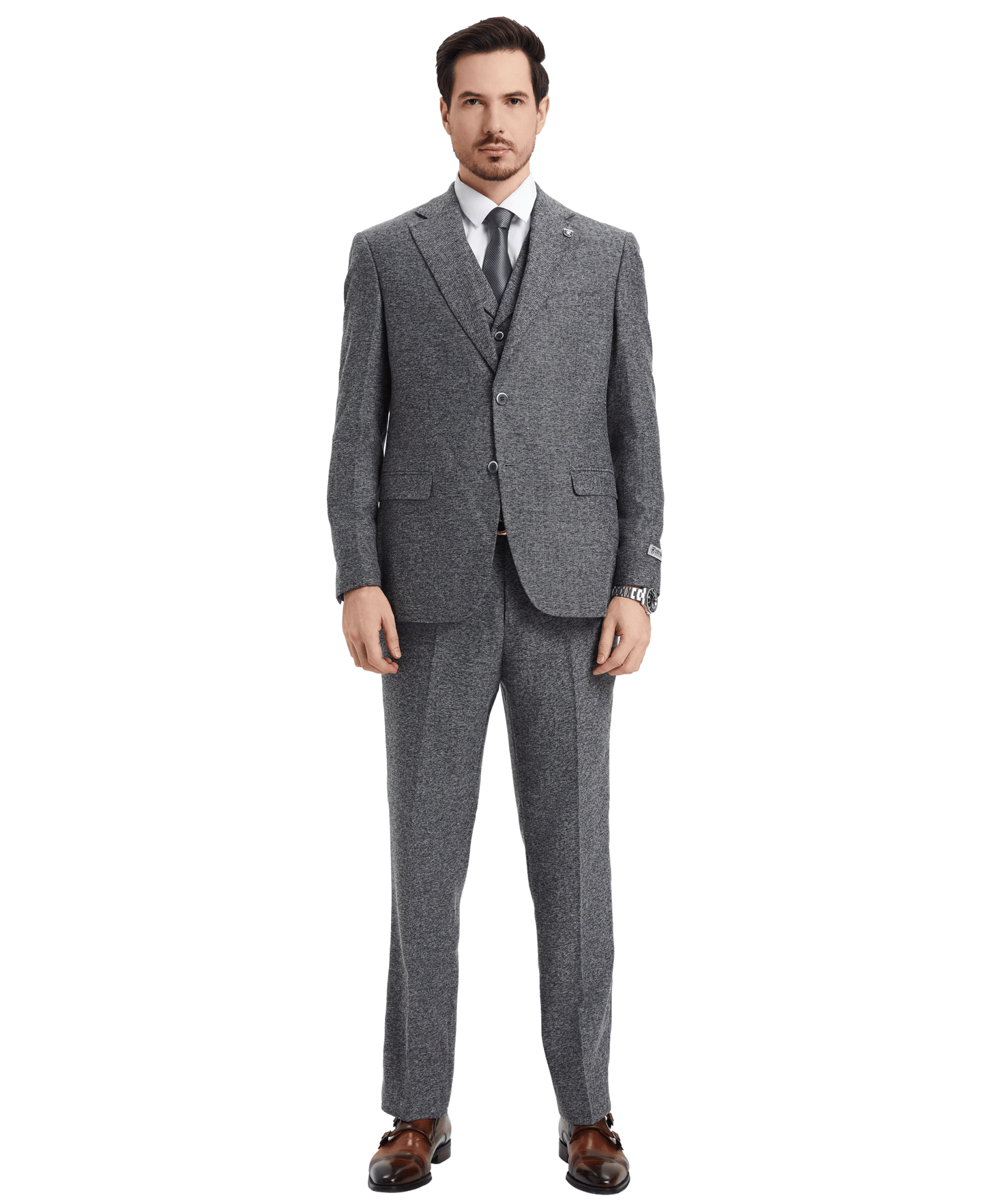 Stacy Adams Hybrid-Fit Vested Suit, Grey Tweed from On Time Fashions – Mens Suits by Stacy Adams, Birmingham AL’s 1 fashion store and premier destination for streetwear, suits, kids fashion, and big & tall