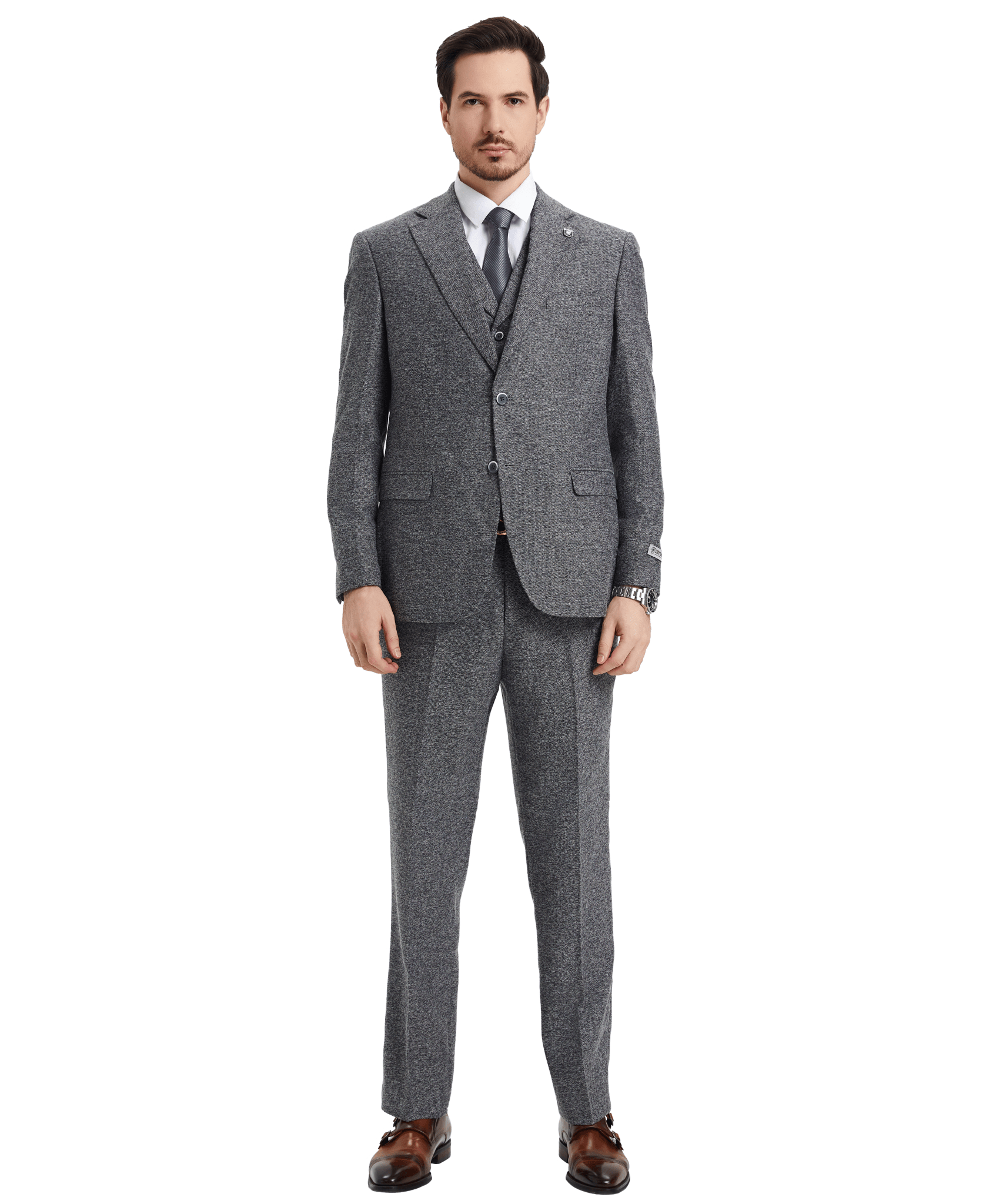 Stacy Adams Hybrid-Fit Vested Suit, Grey Tweed from On Time Fashions – Mens Suits by Stacy Adams, Birmingham AL’s 1 fashion store and premier destination for streetwear, suits, kids fashion, and big & tall