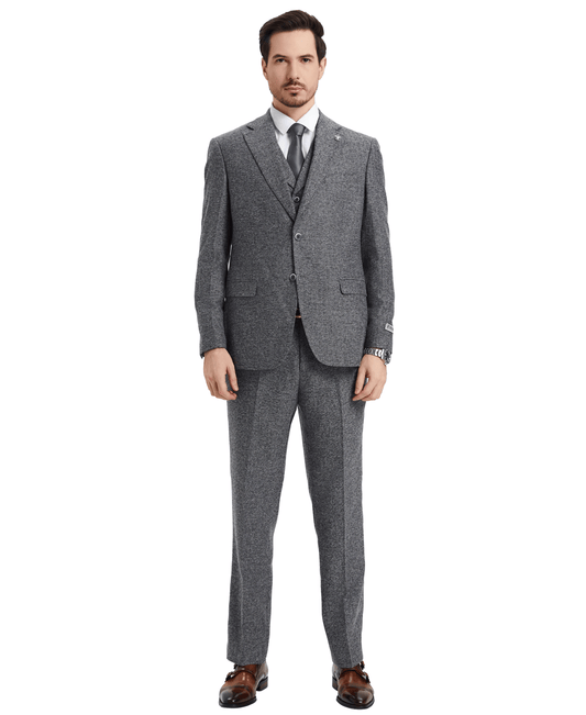 Stacy Adams Hybrid-Fit Vested Suit, Grey Tweed from On Time Fashions – Mens Suits by Stacy Adams, Birmingham AL’s 1 fashion store and premier destination for streetwear, suits, kids fashion, and big & tall