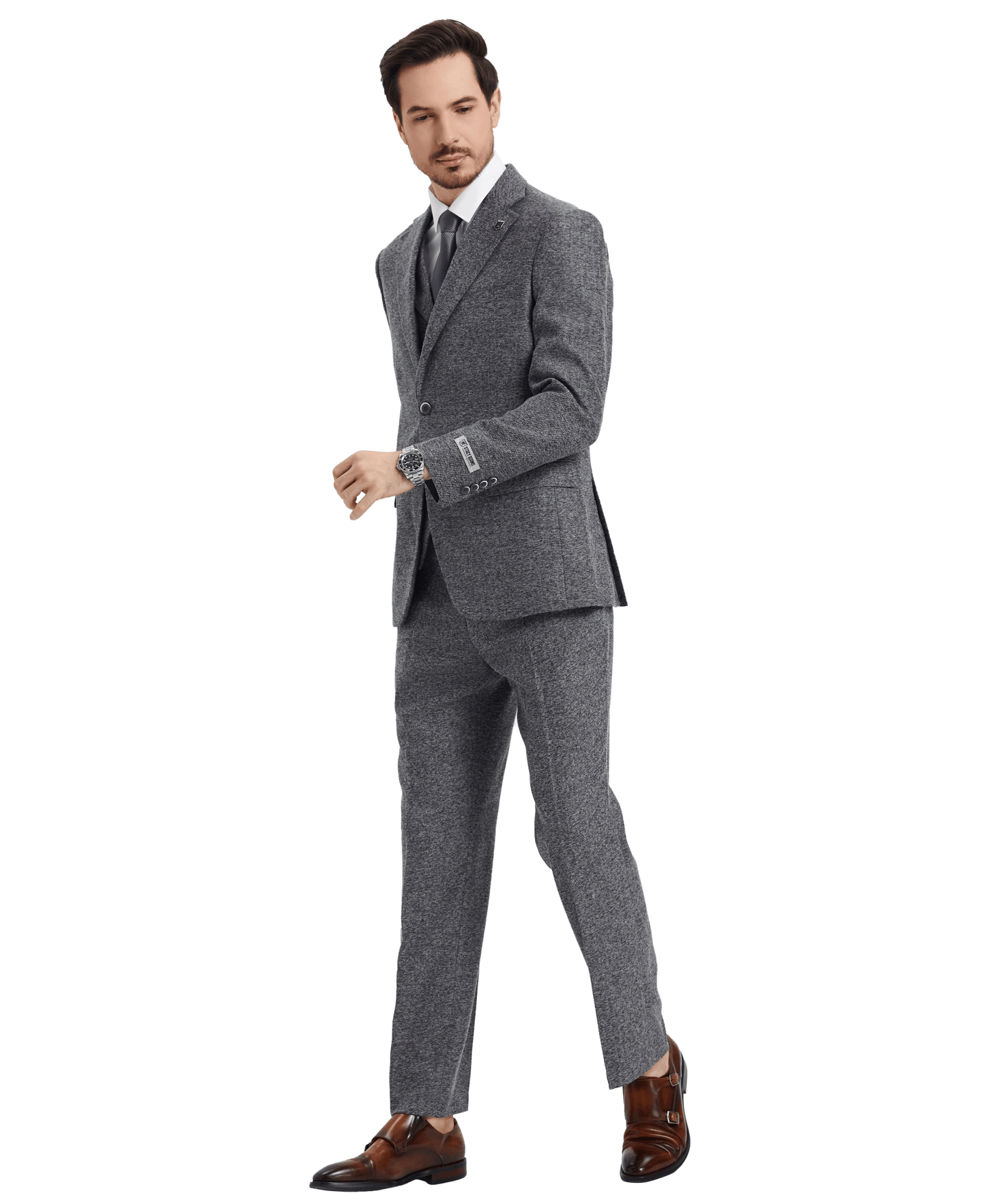 Stacy Adams Hybrid-Fit Vested Suit, Grey Tweed from On Time Fashions – Mens Suits by Stacy Adams, Birmingham AL’s 1 fashion store and premier destination for streetwear, suits, kids fashion, and big & tall