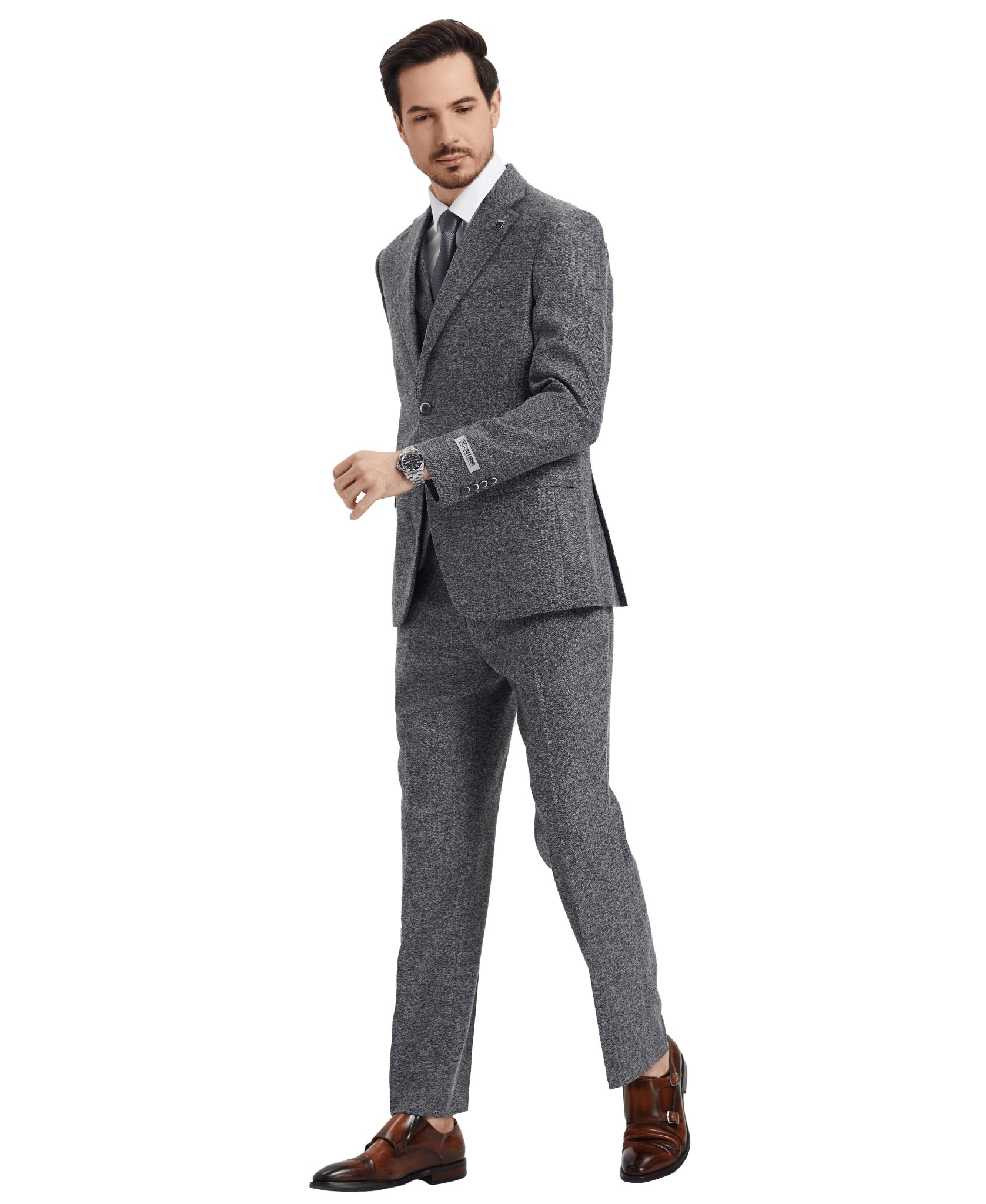 Stacy Adams Hybrid-Fit Vested Suit, Grey Tweed from On Time Fashions – Mens Suits by Stacy Adams, Birmingham AL’s 1 fashion store and premier destination for streetwear, suits, kids fashion, and big & tall