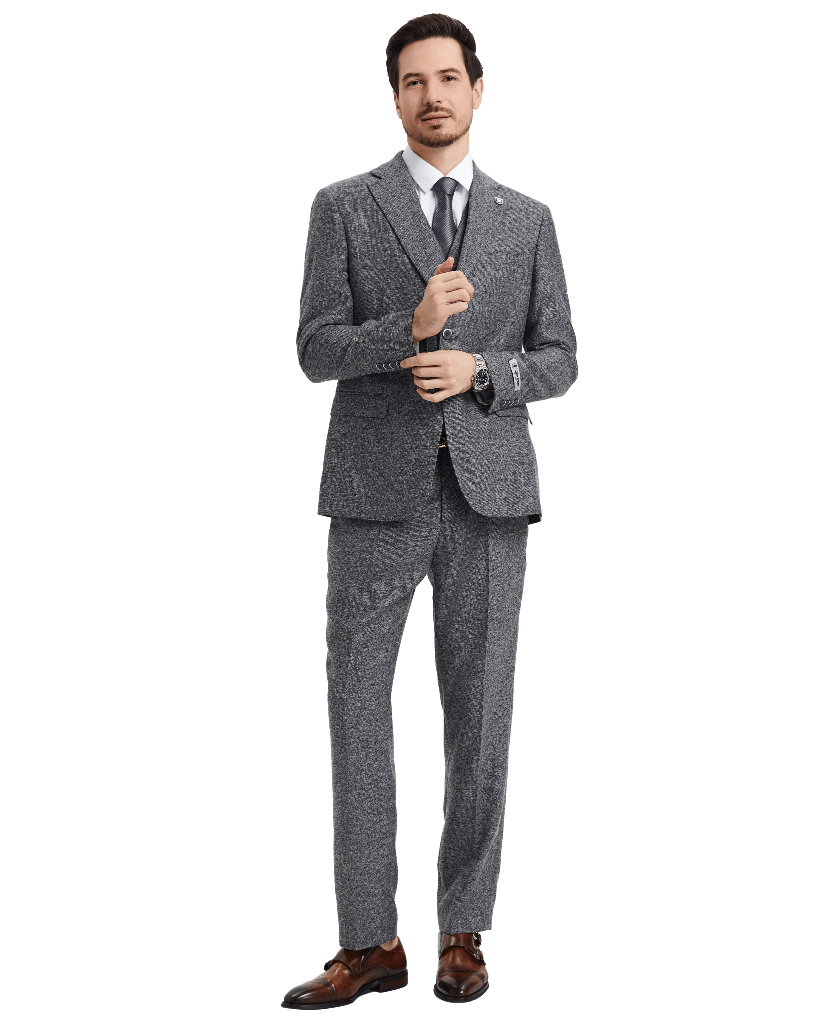 Stacy Adams Hybrid-Fit Vested Suit, Grey Tweed from On Time Fashions – Mens Suits by Stacy Adams, Birmingham AL’s 1 fashion store and premier destination for streetwear, suits, kids fashion, and big & tall
