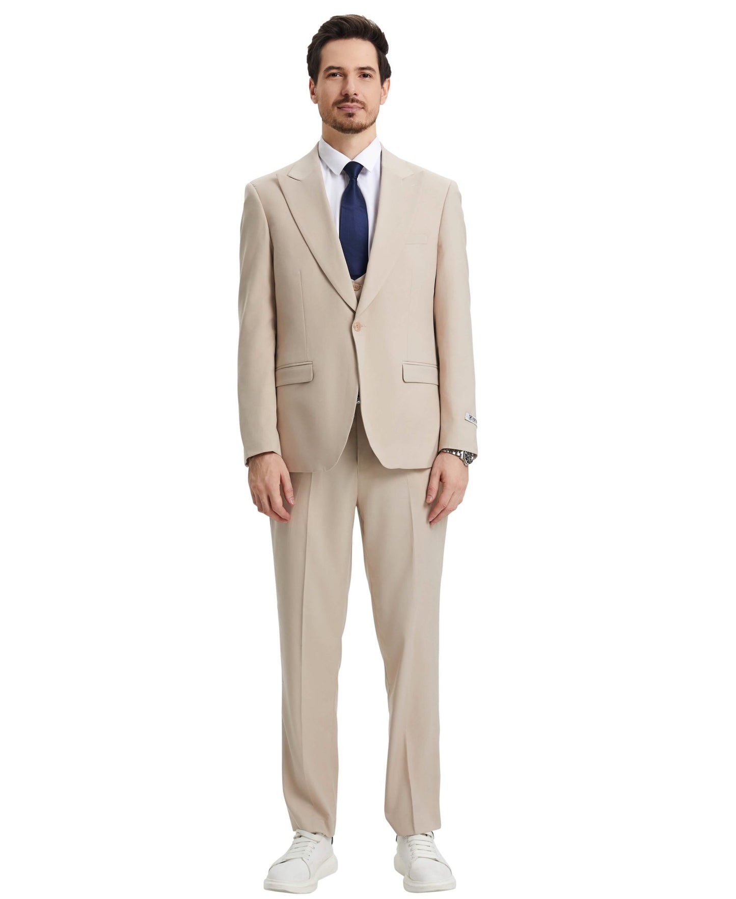 Stacy Adams Hybrid-Fit Vested Suit w/ U-Shaped Vest, Tan from On Time Fashions – Mens-suit by Stacy Adams, Birmingham AL’s 1 fashion store and premier destination for streetwear, suits, kids fashion, and big & tall