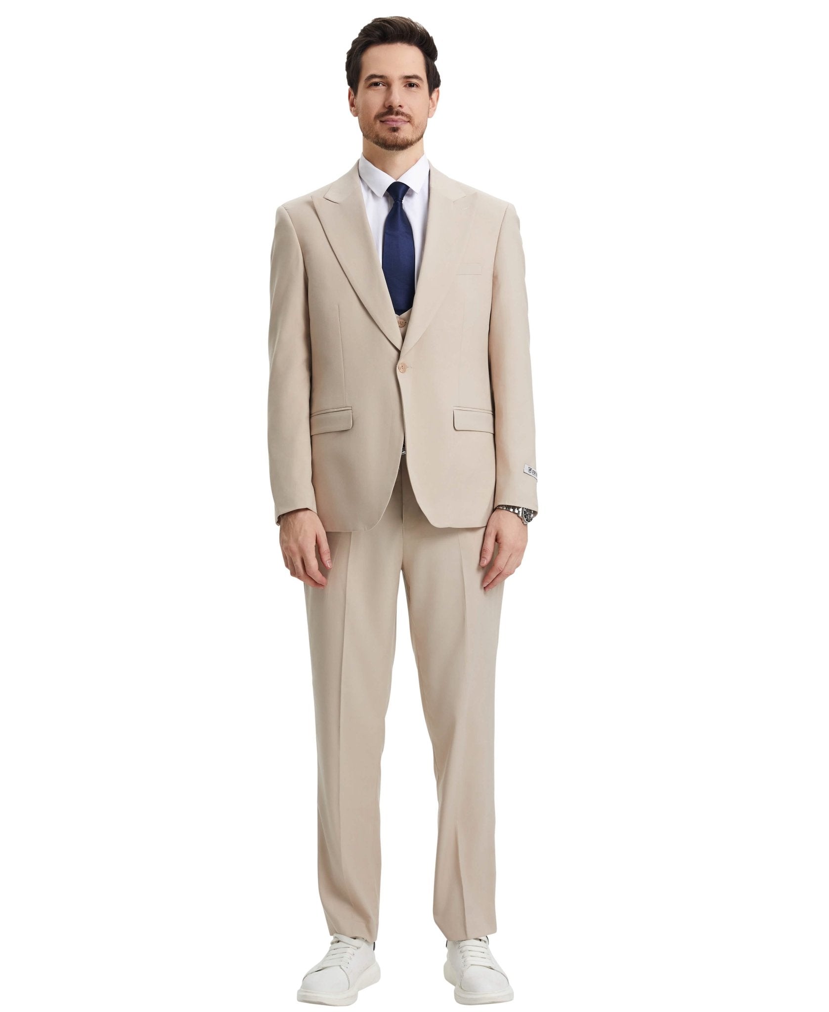 Stacy Adams Hybrid-Fit Vested Suit w/ U-Shaped Vest, Tan from On Time Fashions – Mens-suit by Stacy Adams, Birmingham AL’s 1 fashion store and premier destination for streetwear, suits, kids fashion, and big & tall
