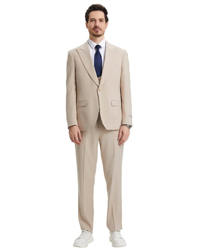 Stacy Adams Hybrid-Fit Vested Suit w/ U-Shaped Vest, Tan from On Time Fashions – Mens-suit by Stacy Adams, Birmingham AL’s 1 fashion store and premier destination for streetwear, suits, kids fashion, and big & tall