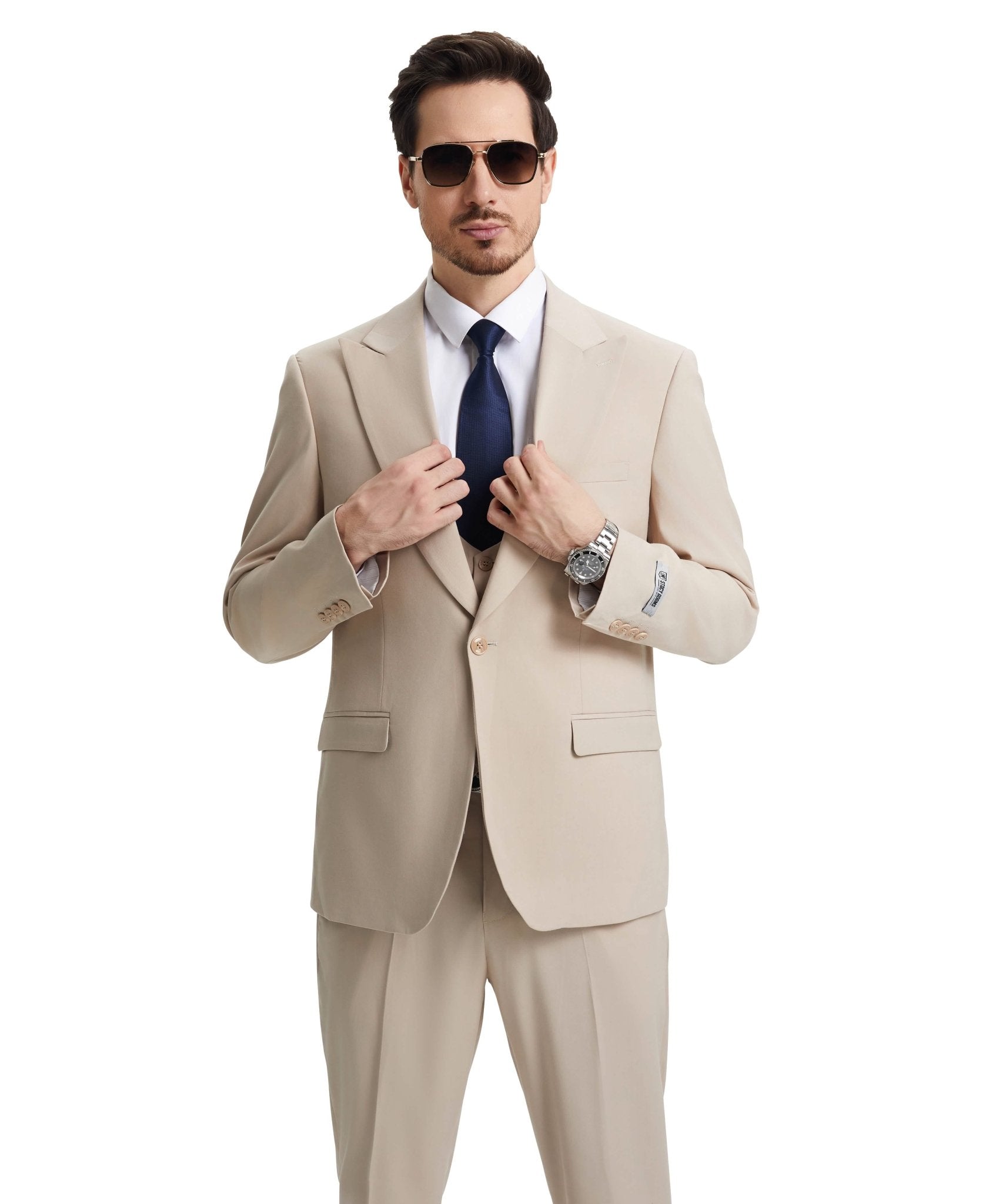 Stacy Adams Hybrid-Fit Vested Suit w/ U-Shaped Vest, Tan from On Time Fashions – Mens-suit by Stacy Adams, Birmingham AL’s 1 fashion store and premier destination for streetwear, suits, kids fashion, and big & tall