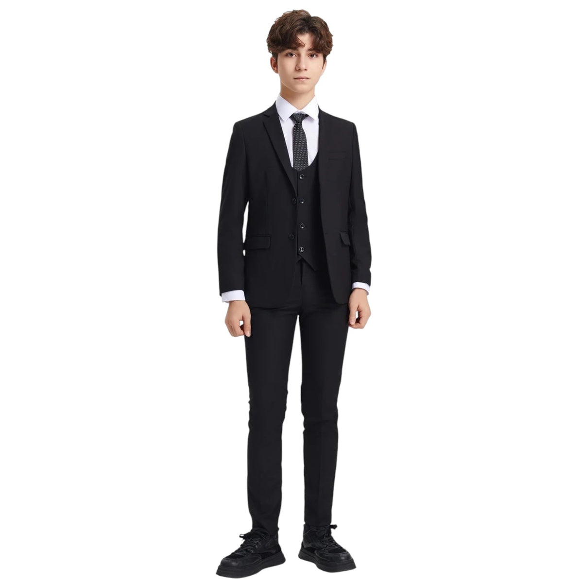 Stacy Adams boys black SB282 five-piece suit, shown on a model