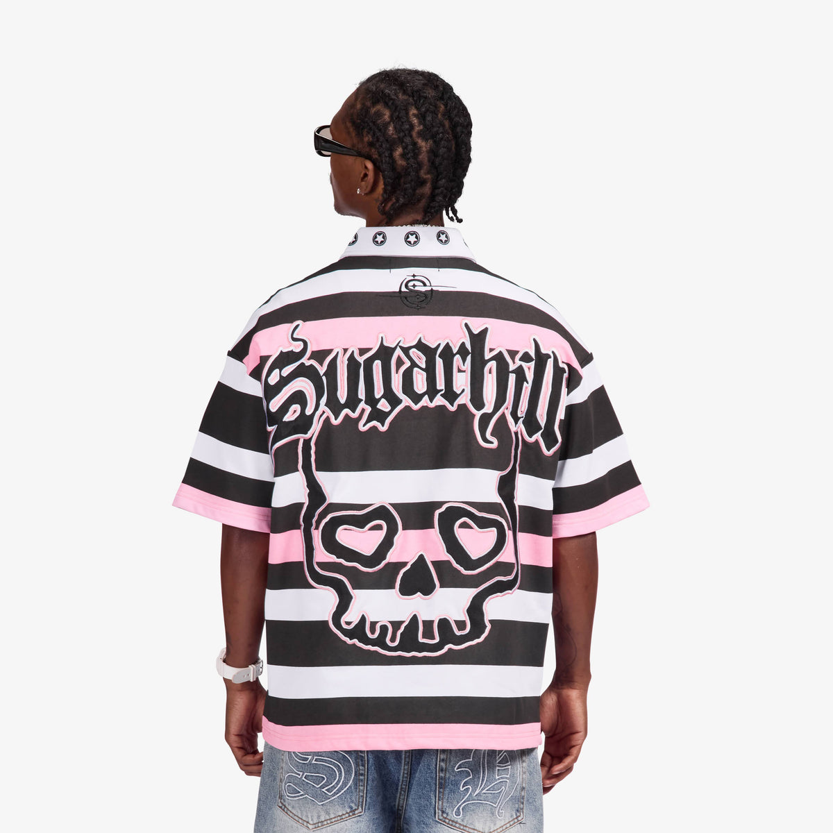 Sugarhill Bermuda Polo Shirt, Pink/Black, back on model