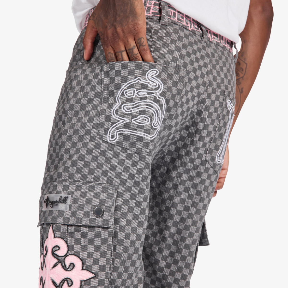 Sugarhill Darling Cargo Pants, Pink/Gray, cargo pocket detail