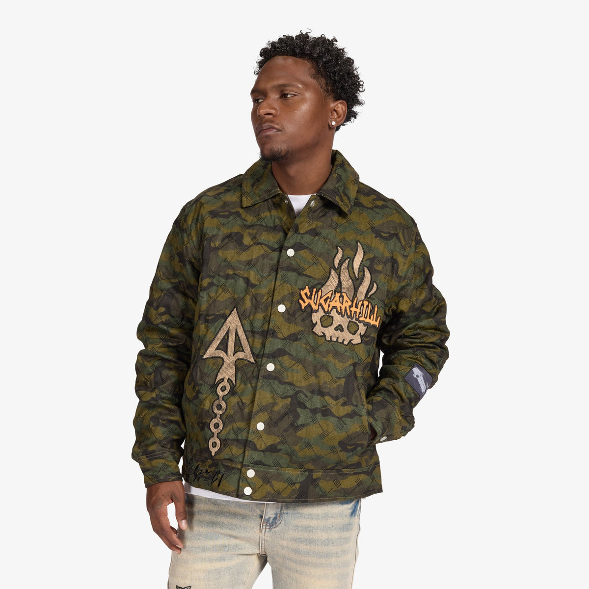 Sugarhill "Franz" Trucker Jacket, Camouflage, front on model