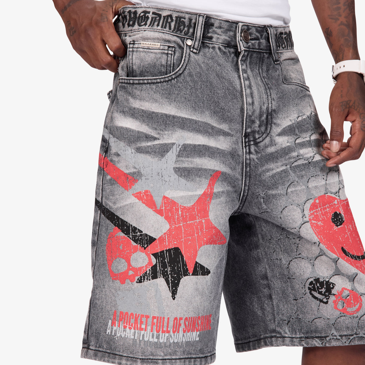 Sugarhill Sunshine Jorts, Gray Wash, denim and print detail