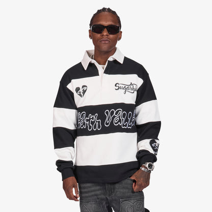 Sugarhill Together Long Sleeve Polo - Black/White, front on model