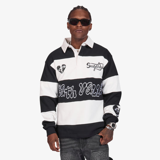 Sugarhill Together Long Sleeve Polo - Black/White, front on model