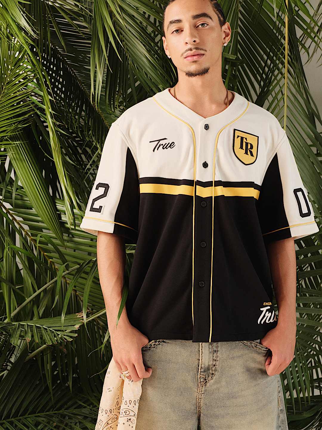 True Religion SS Baseball Jersey in Winter White/Black