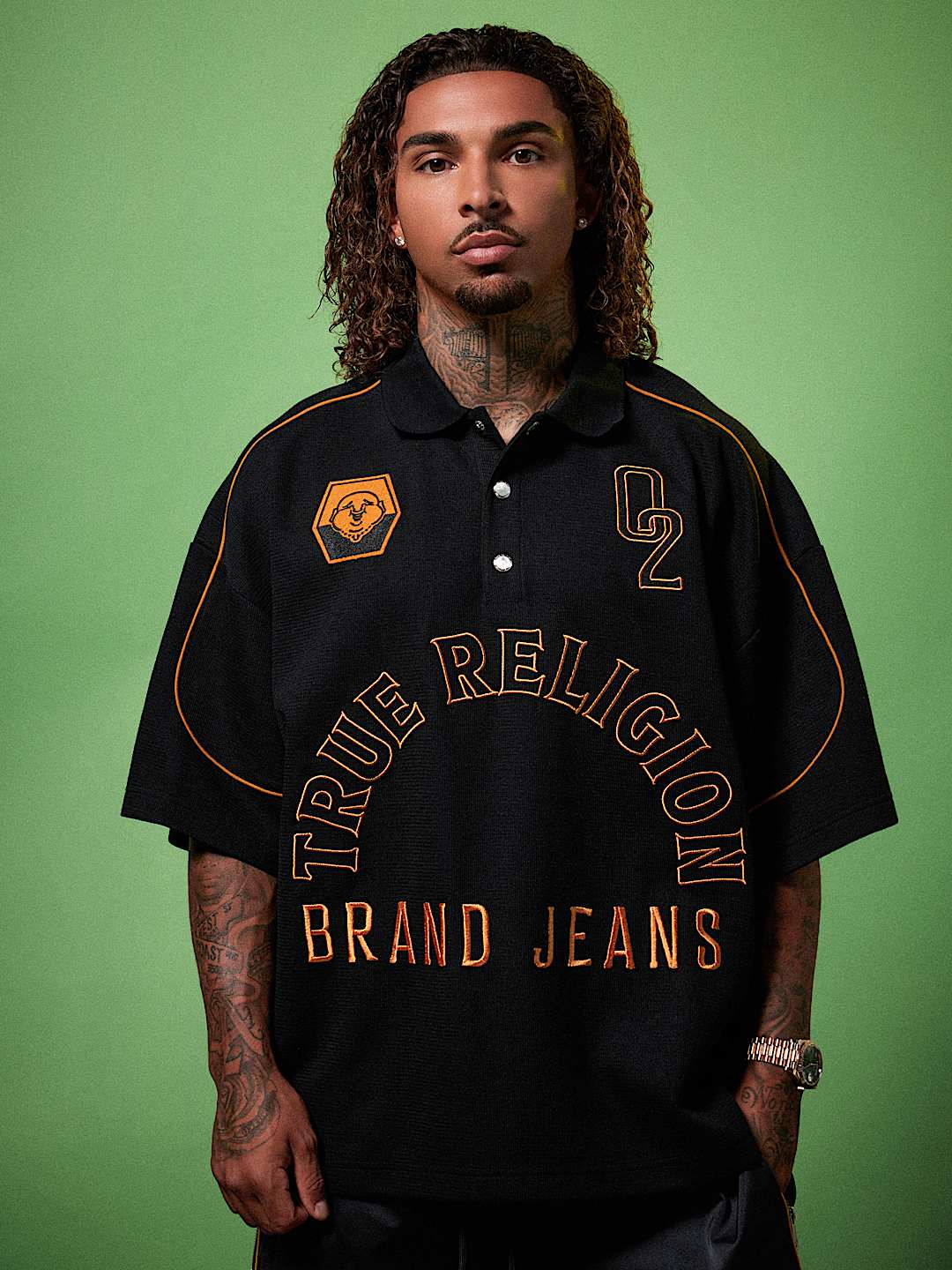True Religion Multi Logo Oversized Polo in Jet Black