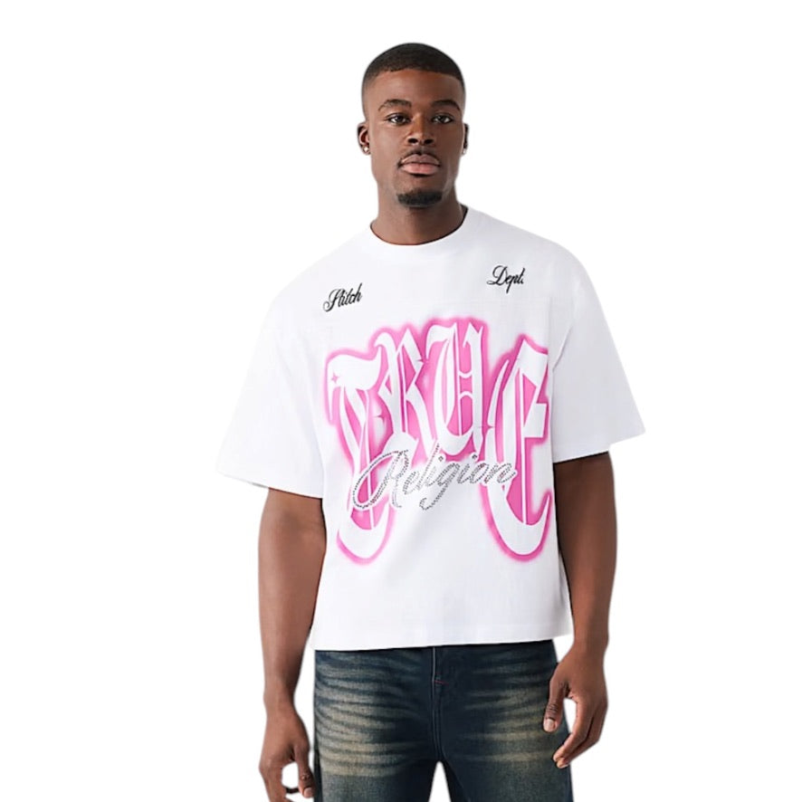 True Religion 110306 Rhinestone Logo Heavyweight Boxy Tee in Optic White, model front view