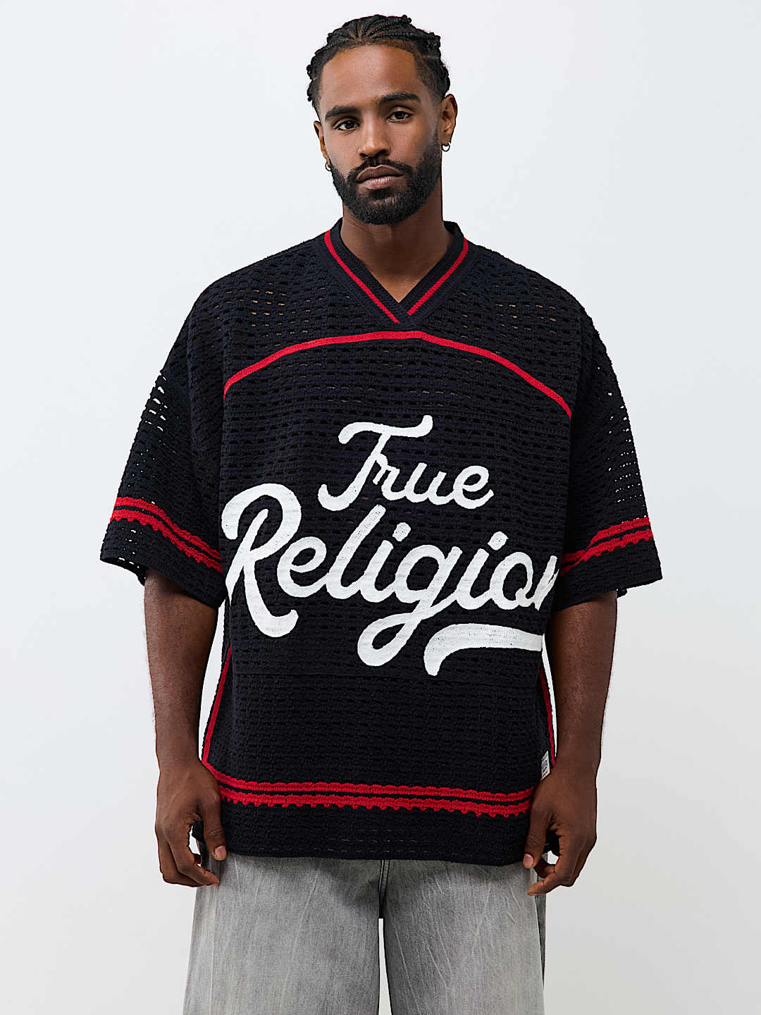 True Religion Crochet Football Jersey in Black, front view
