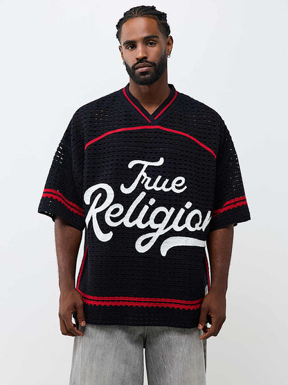 True Religion Crochet Football Jersey in Black, front view