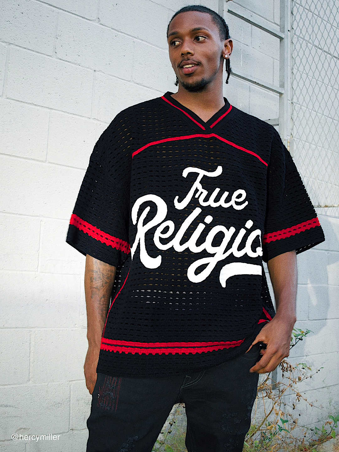 True Religion Crochet Football Jersey in Black, lifestyle view