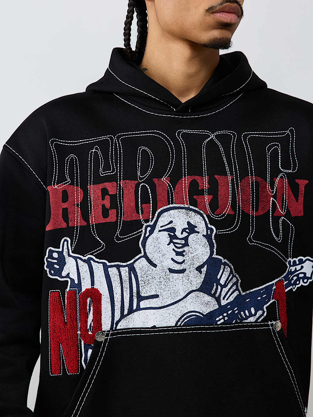 True Religion No. 1 Logo Big T Hoodie in Jet Black, graphic and stitching detail