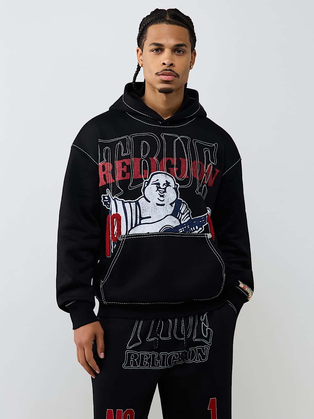 True Religion No. 1 Logo Big T Hoodie in Jet Black, front view