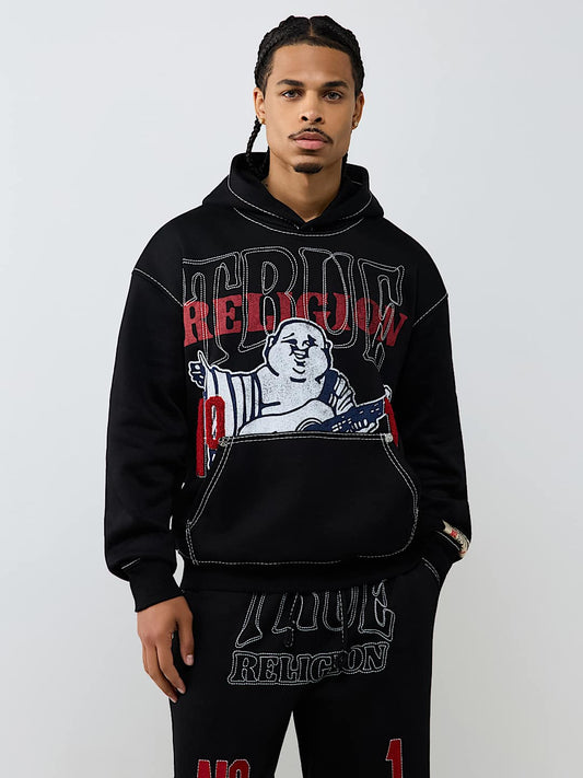 True Religion No. 1 Logo Big T Hoodie in Jet Black, front view