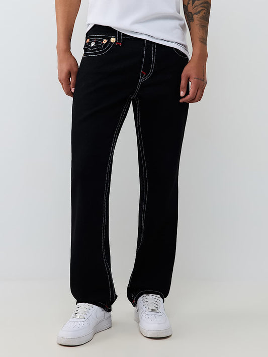 True Religion Ricky Embroidered Super T Straight Jeans in Black Rinse, front view