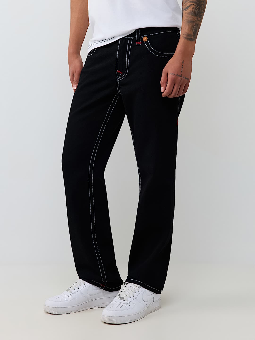 True Religion Ricky Embroidered Super T Straight Jeans in Black Rinse, side view