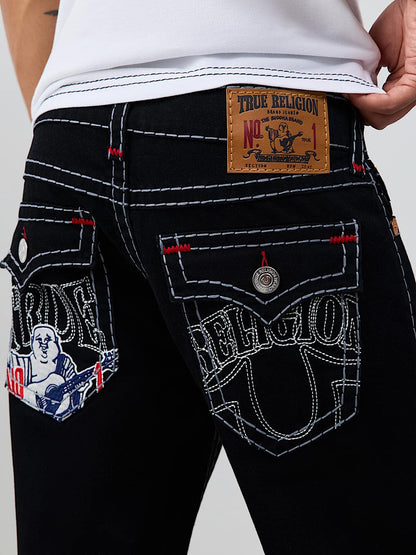 True Religion Ricky Embroidered Super T Straight Jeans in Black Rinse, embroidered back pocket detail