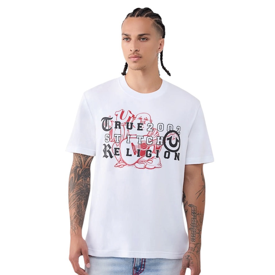 True Religion 110315 Buddha Letters Tee in Optic White with red Buddha and layered black lettering on model