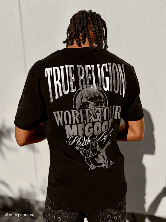 True Religion Globe Logo Tee from On Time Fashions – tee by True Religion, Birmingham AL’s 1 fashion store and premier destination for streetwear, suits, kids fashion, and big & tall