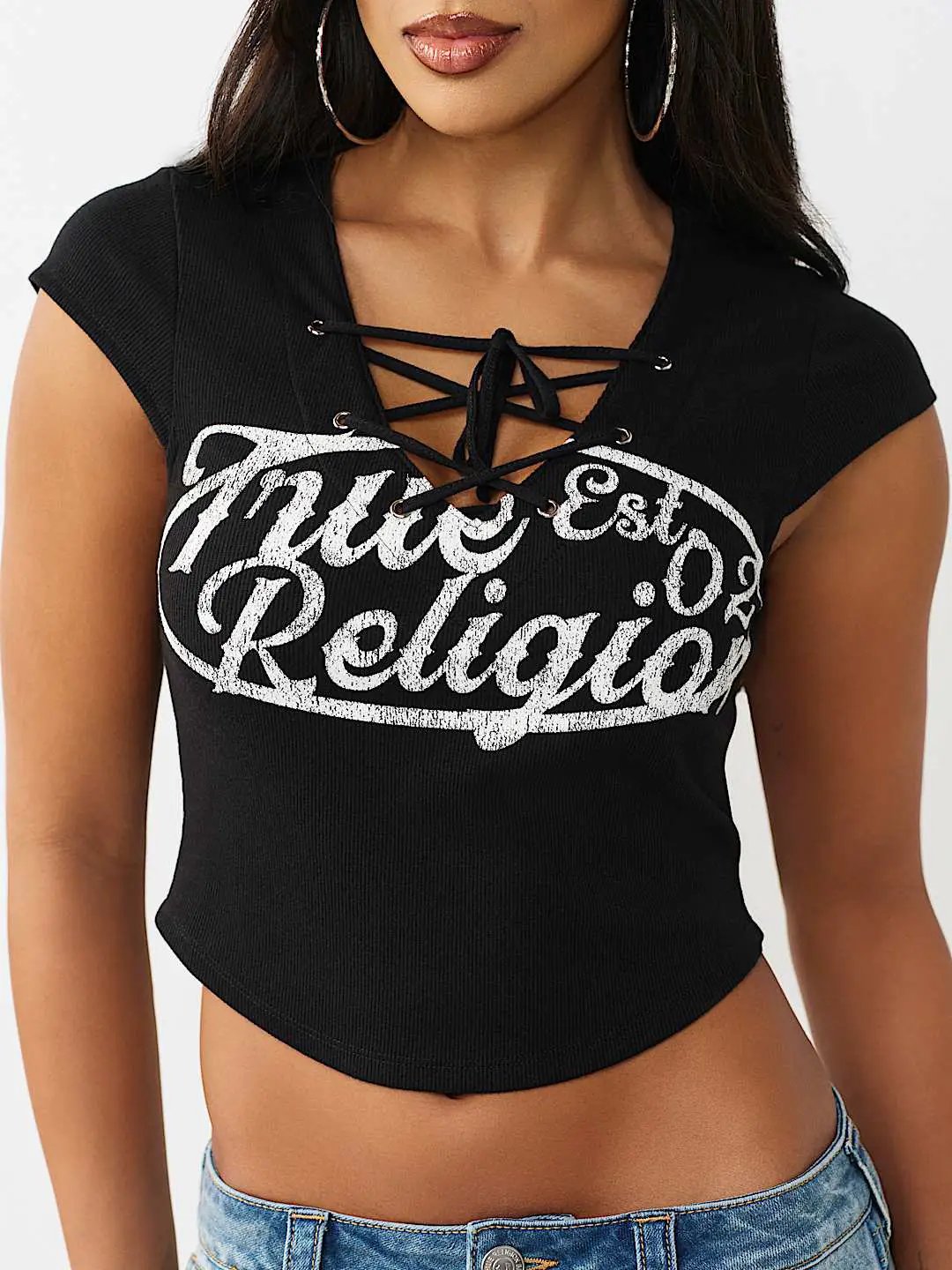 True Religion Lace Up Cap Sleeves Rib Top by True Religion