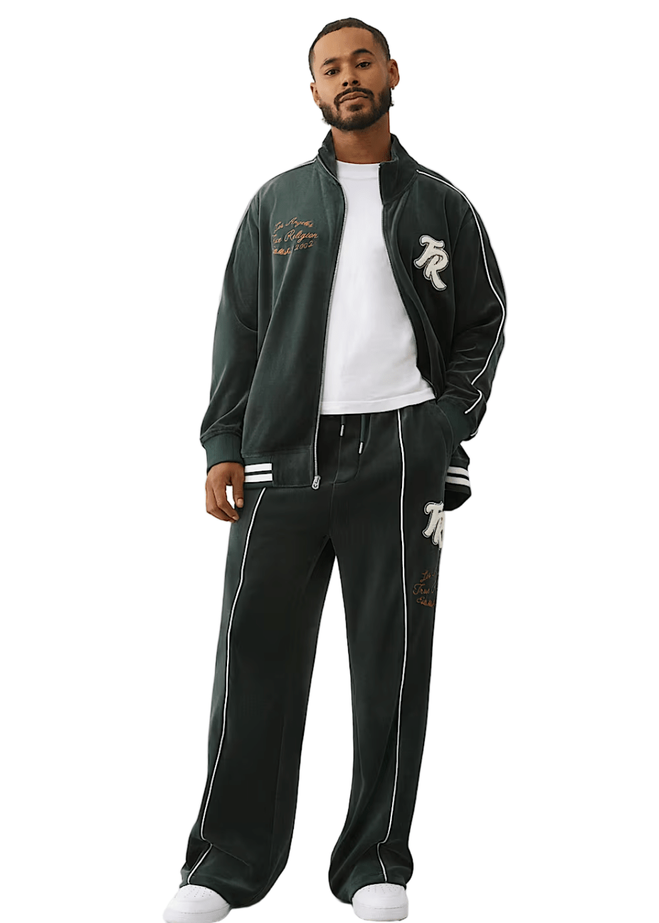True Religion Logo Patch Velour Track Pants from On Time Fashions – Track Pants by True Religion, Birmingham AL’s 1 fashion store and premier destination for streetwear, suits, kids fashion, and big & tall