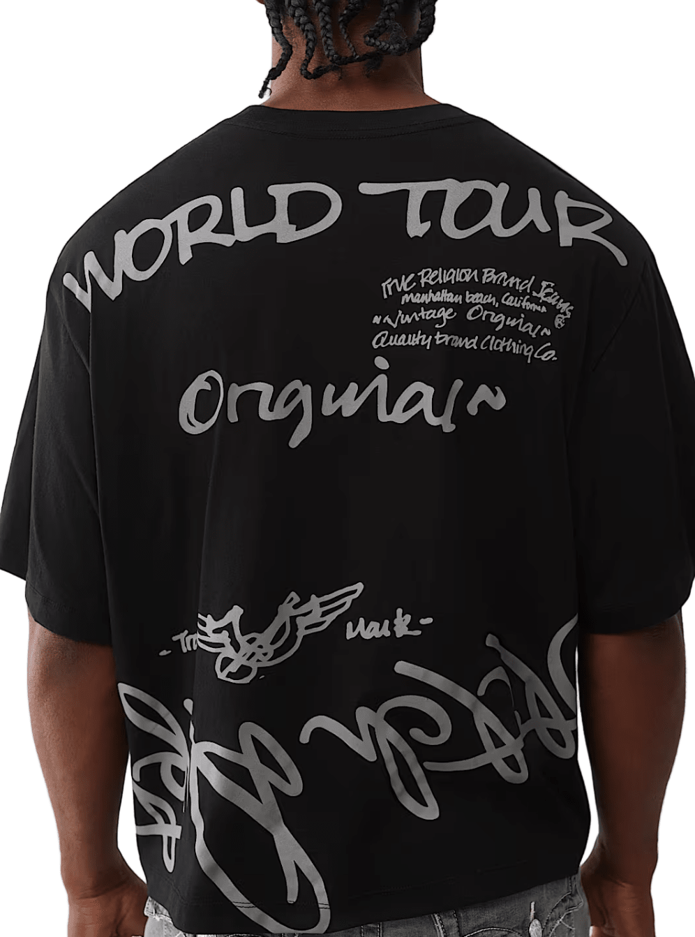 True Religion World Tour Script Boxy Tee from On Time Fashions – tee by True Religion, Birmingham AL’s 1 fashion store and premier destination for streetwear, suits, kids fashion, and big & tall