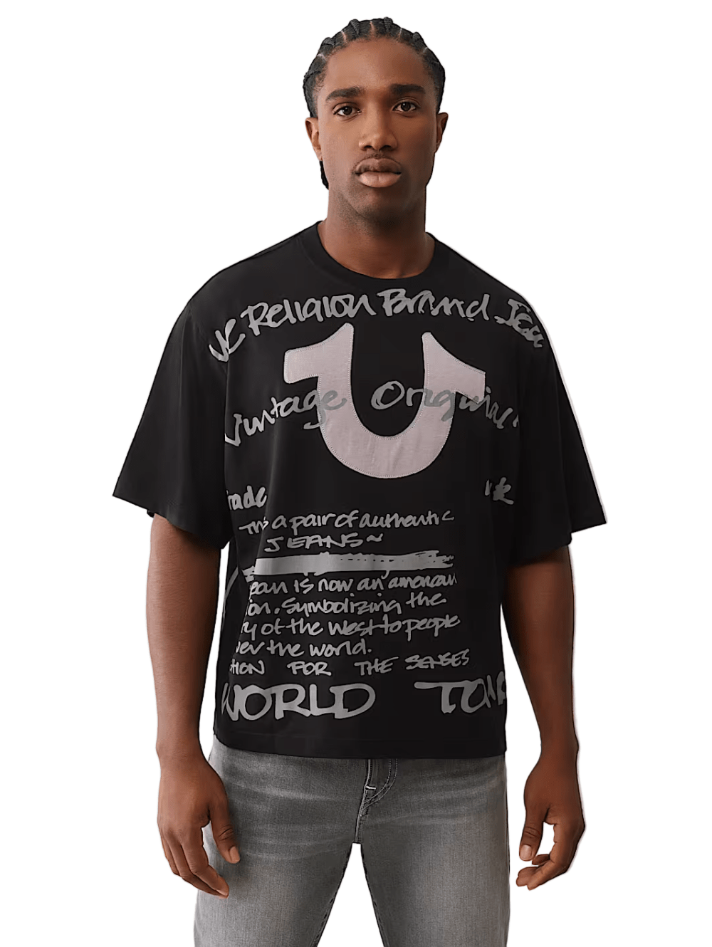 True Religion World Tour Script Boxy Tee from On Time Fashions – tee by True Religion, Birmingham AL’s 1 fashion store and premier destination for streetwear, suits, kids fashion, and big & tall